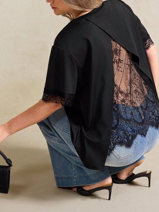 Tops - Black Casual Women's Plus Size A-Line Lace detailed blouse top